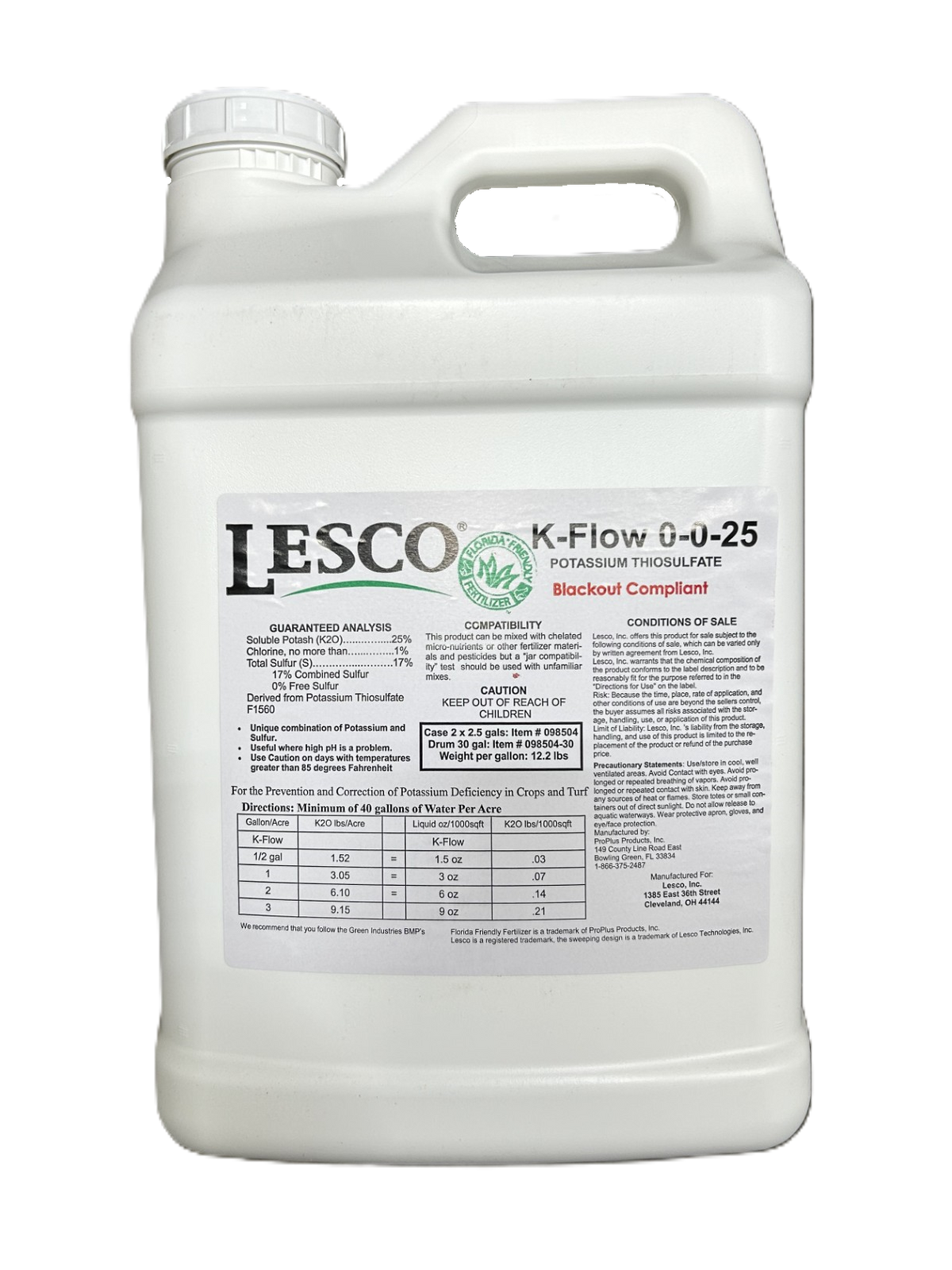 LESCO K-Flow 0-0-25 Liquid Fertilizer - 2.5 Gallons