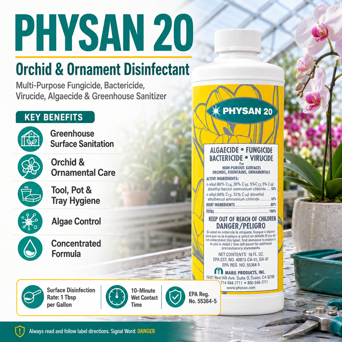 Physan 20 Orchid & Ornament Disinfectant Fungicide Sanitizer Deodorizer Algaecide Virucide  - 1 Pint